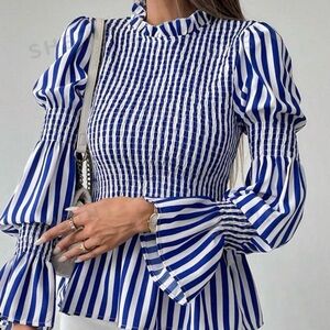 Women's Elegant Commuter Puff Sleeve Round Neck Cinched Waist Striped Blouse. L